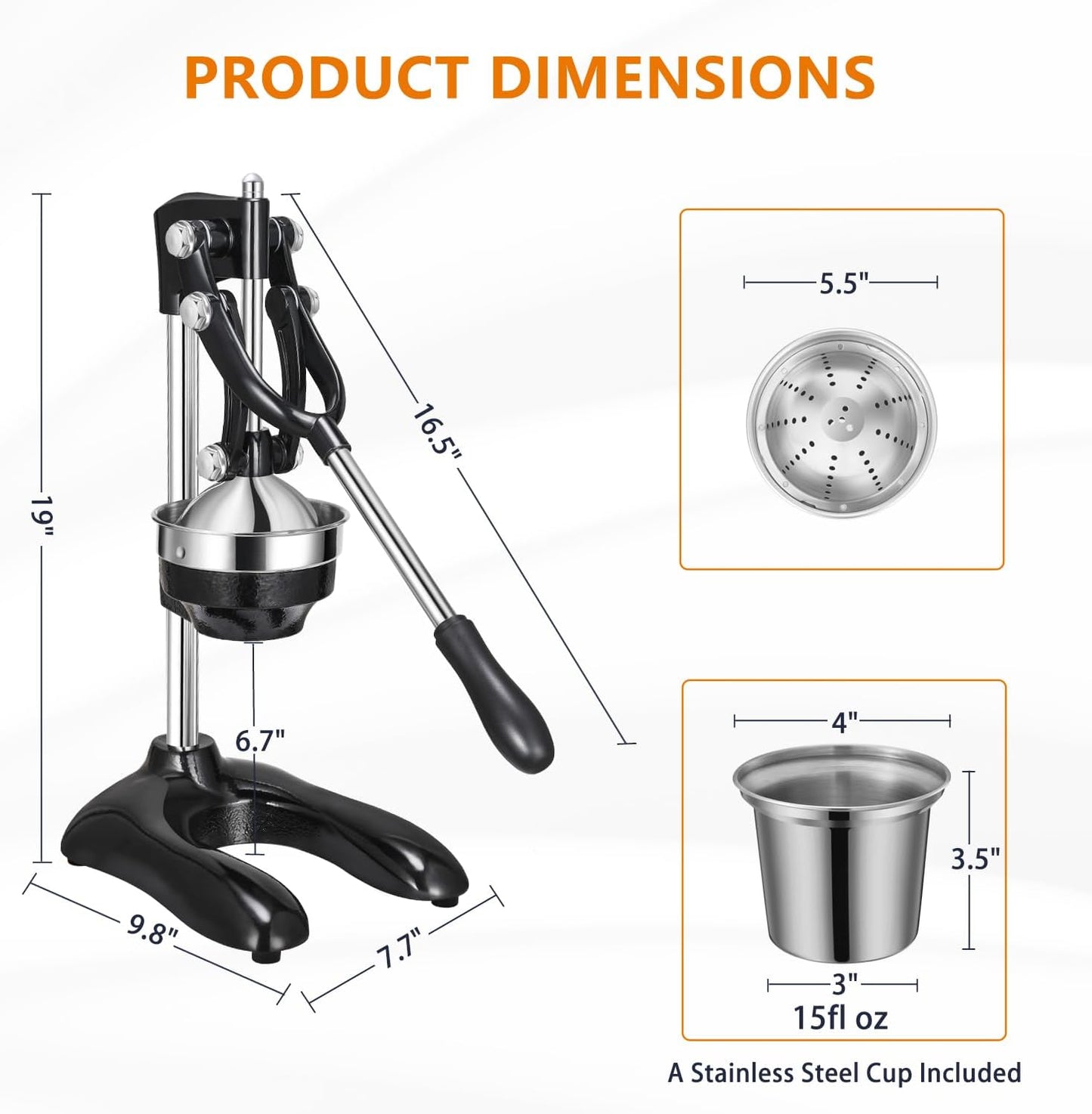TONGCHANT Manual Juicer, Heavy Duty Cast Iron Juicer | Hand Press Juicer for Orange Lemon Lime Pomegranate & Citrus Fruits, High Leverage for Easy Juicing, Stainless Steel Cup, Easy to Clean, Black