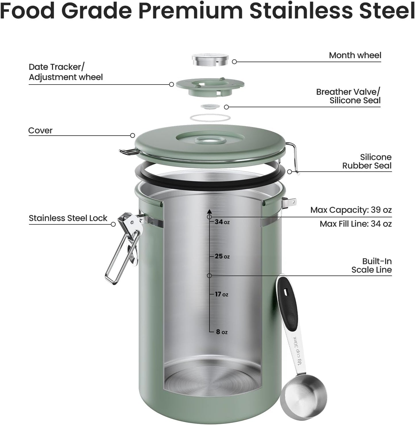 Veken Coffee Canister, Airtight Stainless Steel Kitchen Food Storage Container with Date Tracker and Scoop for Beans, Grounds, Tea, Flour, Cereal, Sugar, Cookie, 16OZ, Cream