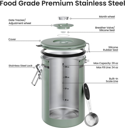 Veken Coffee Canister, Airtight Stainless Steel Kitchen Food Storage Container with Date Tracker and Scoop for Beans, Grounds, Tea, Flour, Cereal, Sugar, Cookie, 16OZ, Cream