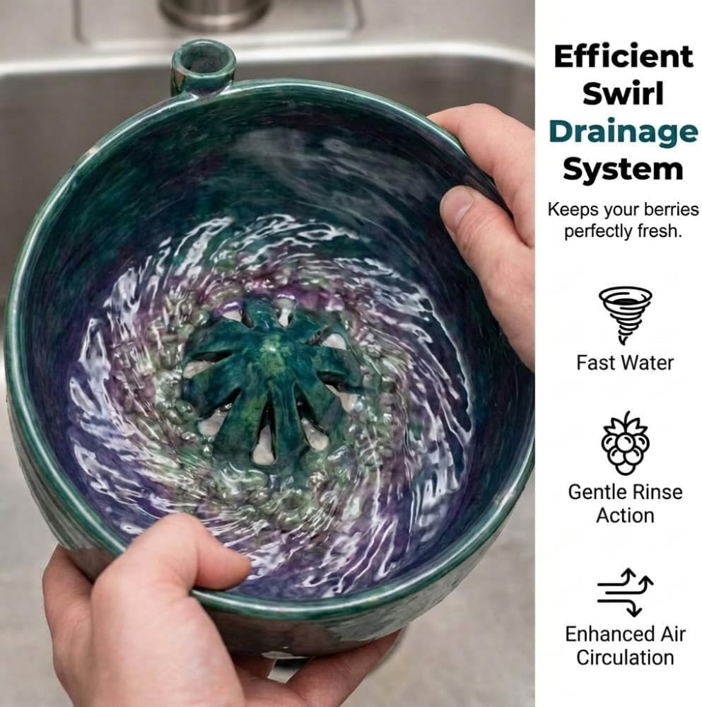 2026 Self Spinning Ceramic Berry Washing Bowl with Drain Holes, 360 Degree Fruit Swirl Colander with Center Cone, Automatic Quick Kitchen Rinse Washer for Berries Vegetables & Fruit Serving