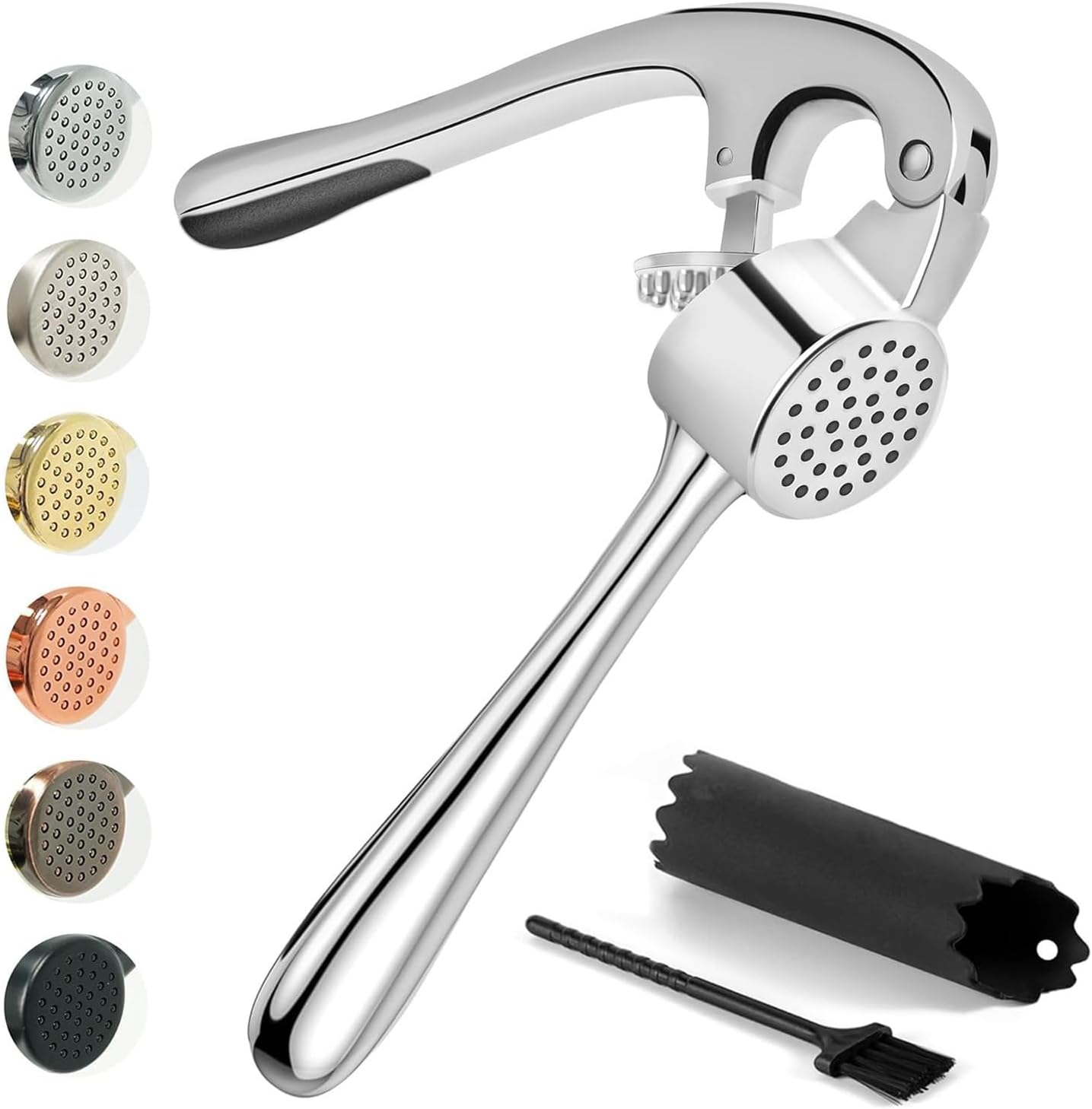 Kitessensu High Effective Garlic Press With Studs, Heavy Duty Garlic Mincer, Easy to Squeeze and Clean, Rust Proof, Ginger Crusher- Imperial Silver