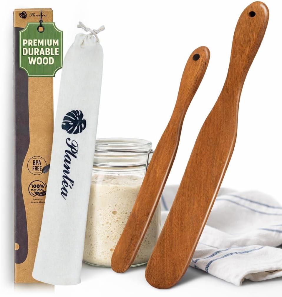 Skinny Spurtle for Sourdough Starter, Reaching Bottom of Jar Wooden Spurtle for Mixing, Acacia Wood Dough Whisk, Sourdough Bread Baking Supplies
