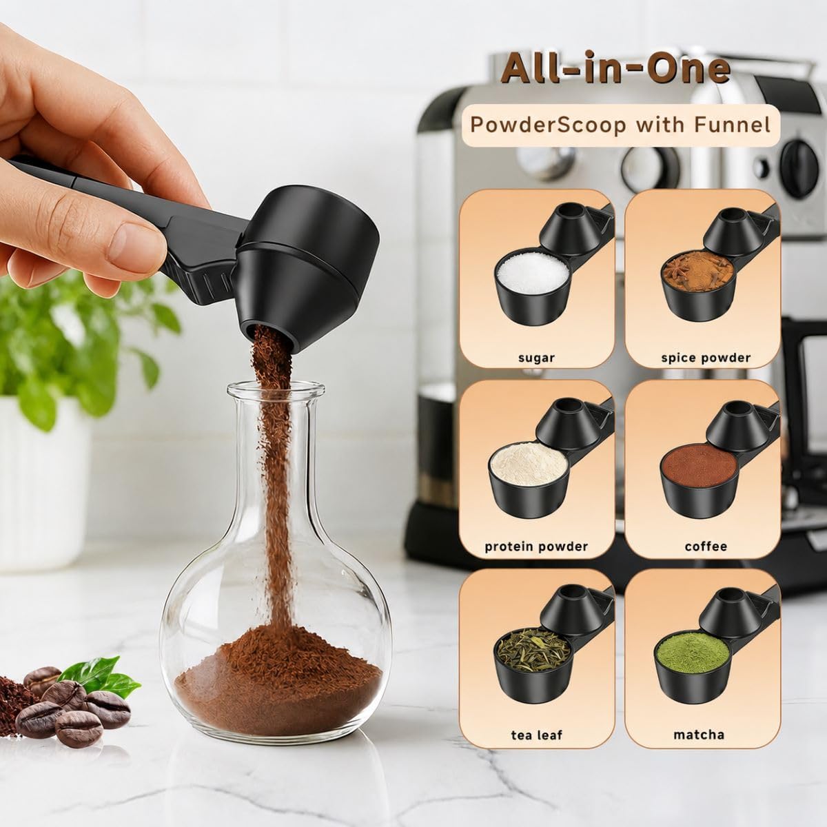 Credon Coffee Scoop with Funnel for Ground Coffee & Protein Powder – Coffee Bean Measuring Spoon, 2 Tablespoon Slide Scoop for Reusable K-Cup, Precision Spill-Proof (Black)