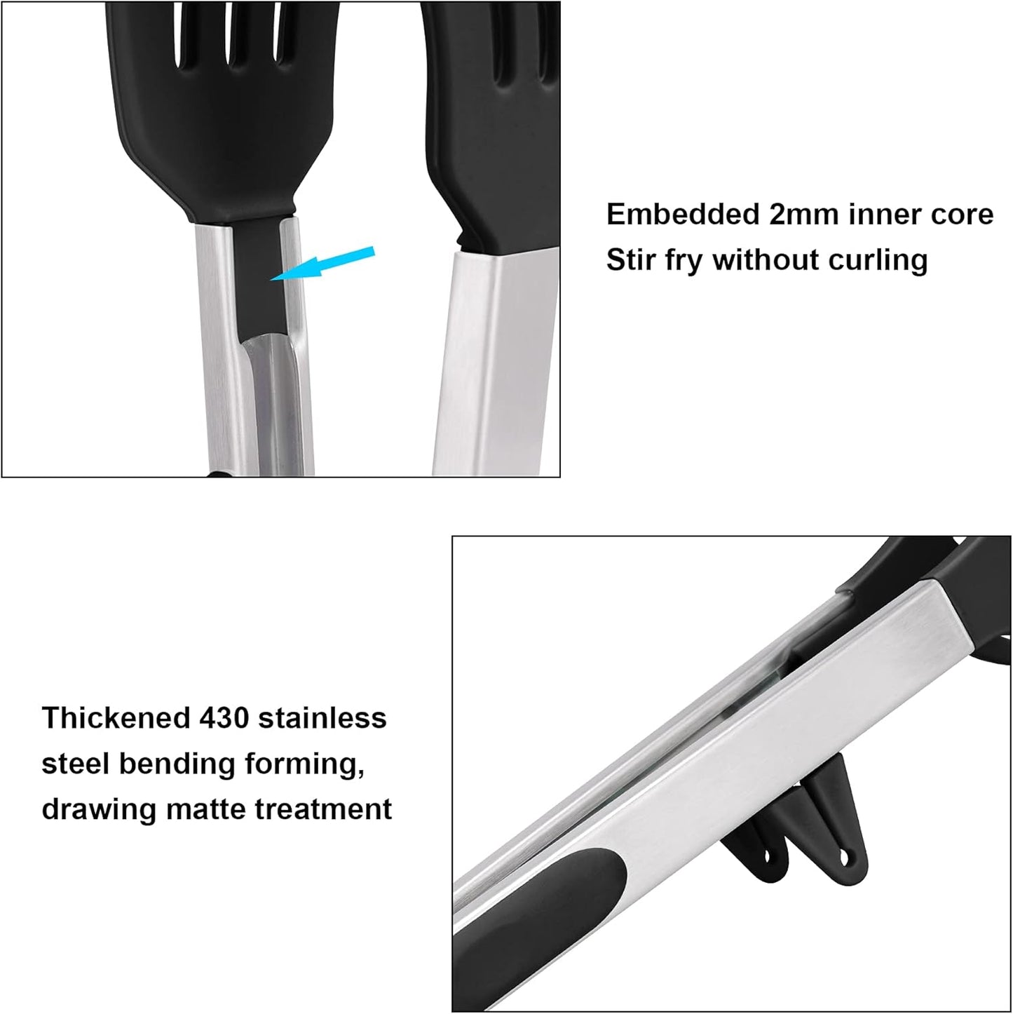 4in1 Stainless Steel Kitchen Food Tongs Set for Cooking with BPA Free Silicone Tips, Toaster Steak Pie Pizza Pasta Spaghetti Noodles Salad Fruit Vegetable Grill BBQ Buffet Clamp Serving Tools Gadgets