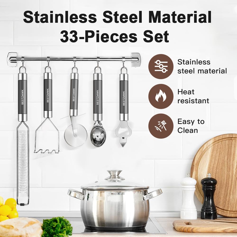 Kitchen Utensils Set-Silicone Cooking Utensils-32 pcs Non-Stick Silicone Cooking Kitchen Utensils Spatula Set with Holder-Best Kitchen Cookware with Stainless Steel Handle (Black)