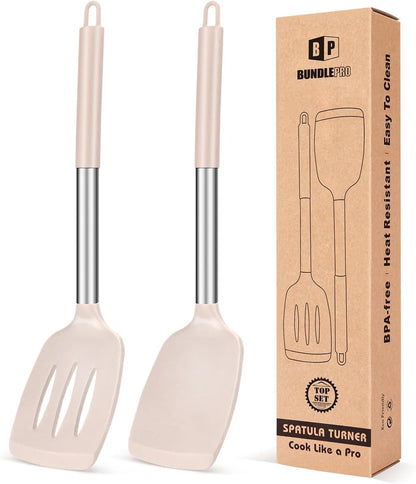 Pack of 2 Silicone Solid Turner, Non Stick Slotted Kitchen Spatulas, High Heat Resistant BPA Free Cooking Utensils, Ideal Cookware for Fish, Eggs, Pancakes(Black)