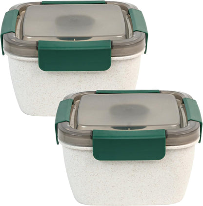 Freshmage Salad Lunch Containers To Go, 2 Pack 52-oz Bowls with 3 Compartments, Dressing Containers for Toppings, Snacks - Pink & Green