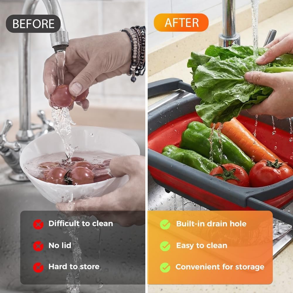 6 Quart Collapsible Colander Strainer Over the Sink, Extendable Handles Kitchen Vegetable Fruit Pasta Strainer Basket, Space-Saving Silicone Food Grade, Dishwasher Safe (Blue)