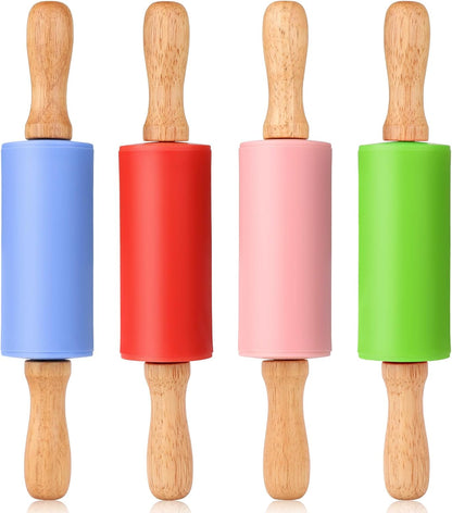 Mini Silicone Rolling Pin for Kids, Non-stick Surface Wood Handle, 9 Inch 1 Pack Blue
