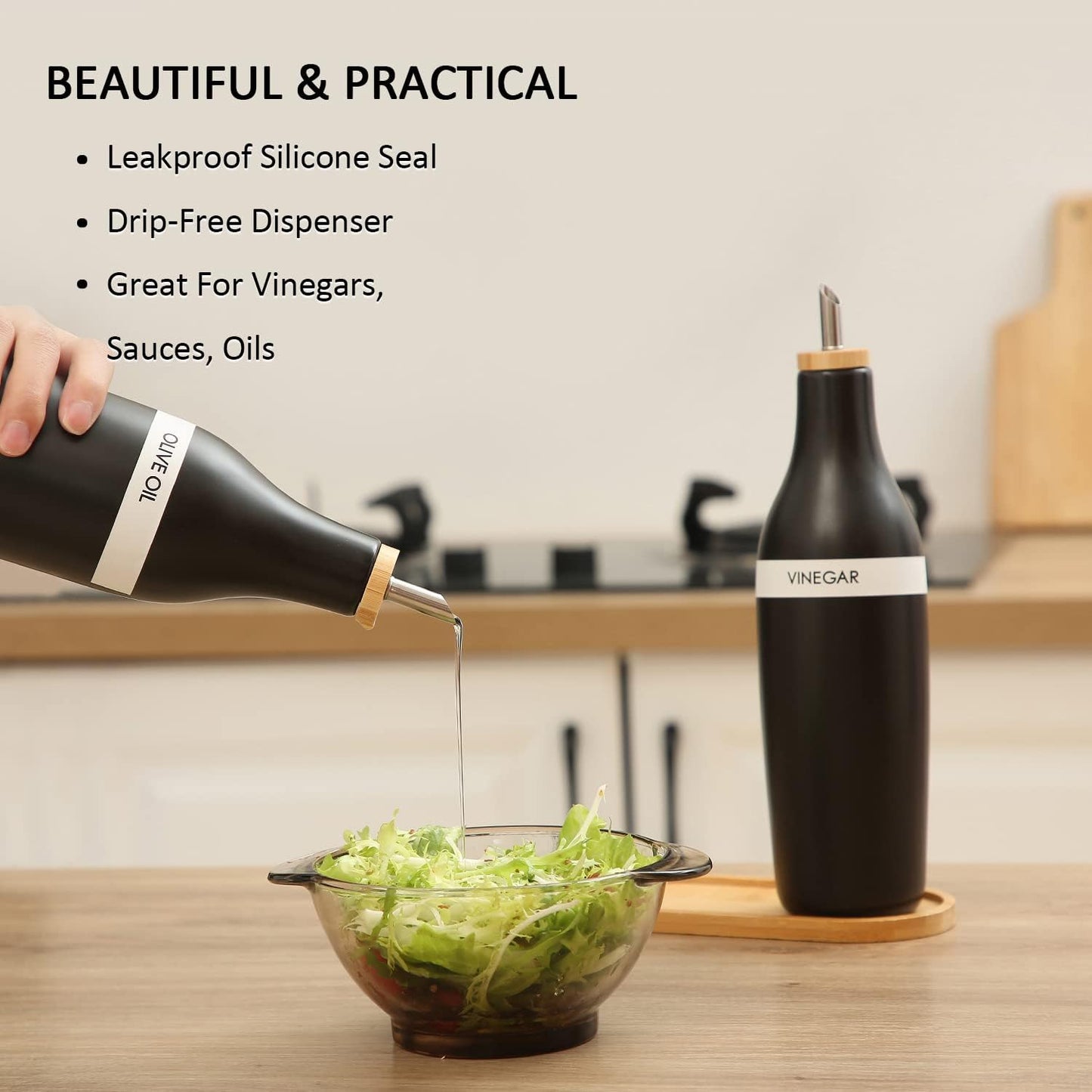 HOMCDALY Ceramic Olive Oil Dispenser for Kitchen, Stoneware 16oz Oil and Vinegar Bottles Dispenser, Kitchen Dispenser Bottle for EVOO Vinegar Syrups, Modern Farmhouse Design(W)