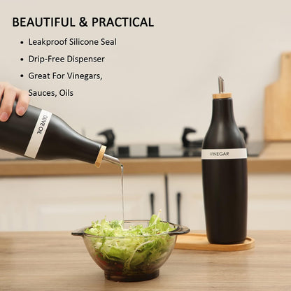 HOMCDALY Ceramic Olive Oil Dispenser for Kitchen, Stoneware 16oz Oil and Vinegar Bottles Dispenser, Kitchen Dispenser Bottle for EVOO Vinegar Syrups, Modern Farmhouse Design(W)