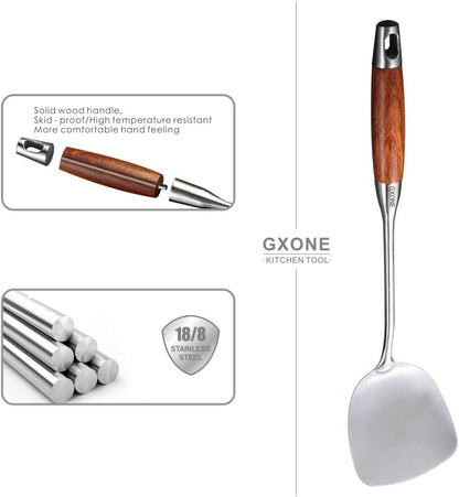 Slotted Spoon,304 Stainless Steel Skimmer Spoon with Heat Resistant Wooden Handle,Silver/15.8Inch