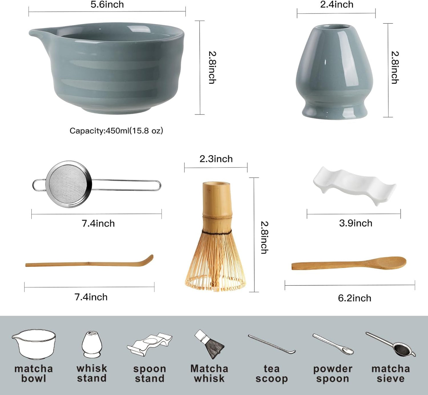 YOLIFE Matcha Whisk Set, Black Matcha Set, Ceramic Matcha Bowl and Whisk (Chasen), Holder, Sifter, Bamboo Scoop, Spoon & Spoon Rest, 7 Pcs Matcha Kit for Matcha Tea Ceremony