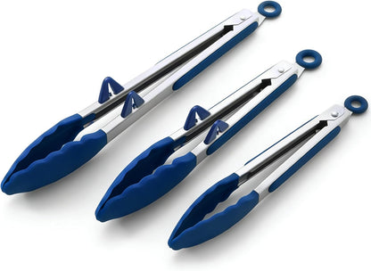 Silicone Kitchen Tongs, 3Pcs Tongs for Cooking with Silicone Tips, Food Grade Small Tongs, Mini Serving Tongs for BBQ Salad, Green, 7"+9"+12"