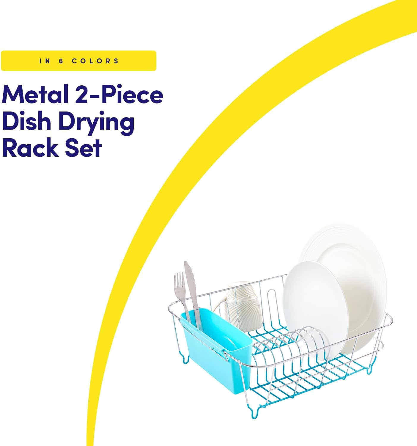 Dish Drying Rack & Cutlery Holder 2 Piece Set - Compact Sink-Fitting Dish Drainer with Rubberized Undercoating, Space-Saving Kitchen Organizer for Plates, Cups, Bowls & Utensils in Sink, Silver