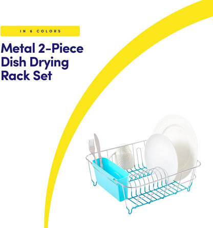 Dish Drying Rack & Cutlery Holder 2 Piece Set - Compact Sink-Fitting Dish Drainer with Rubberized Undercoating, Space-Saving Kitchen Organizer for Plates, Cups, Bowls & Utensils in Sink, Silver
