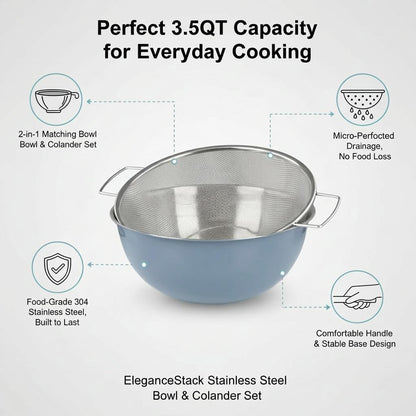 304 Stainless Steel Kitchen Colander Set, 3.5QT Colander with Handle and Bowl, 40 Mesh Fine Strainer, Fast Draining for Rice, Pasta, Fruits & Vegetables, Dishwasher Safe