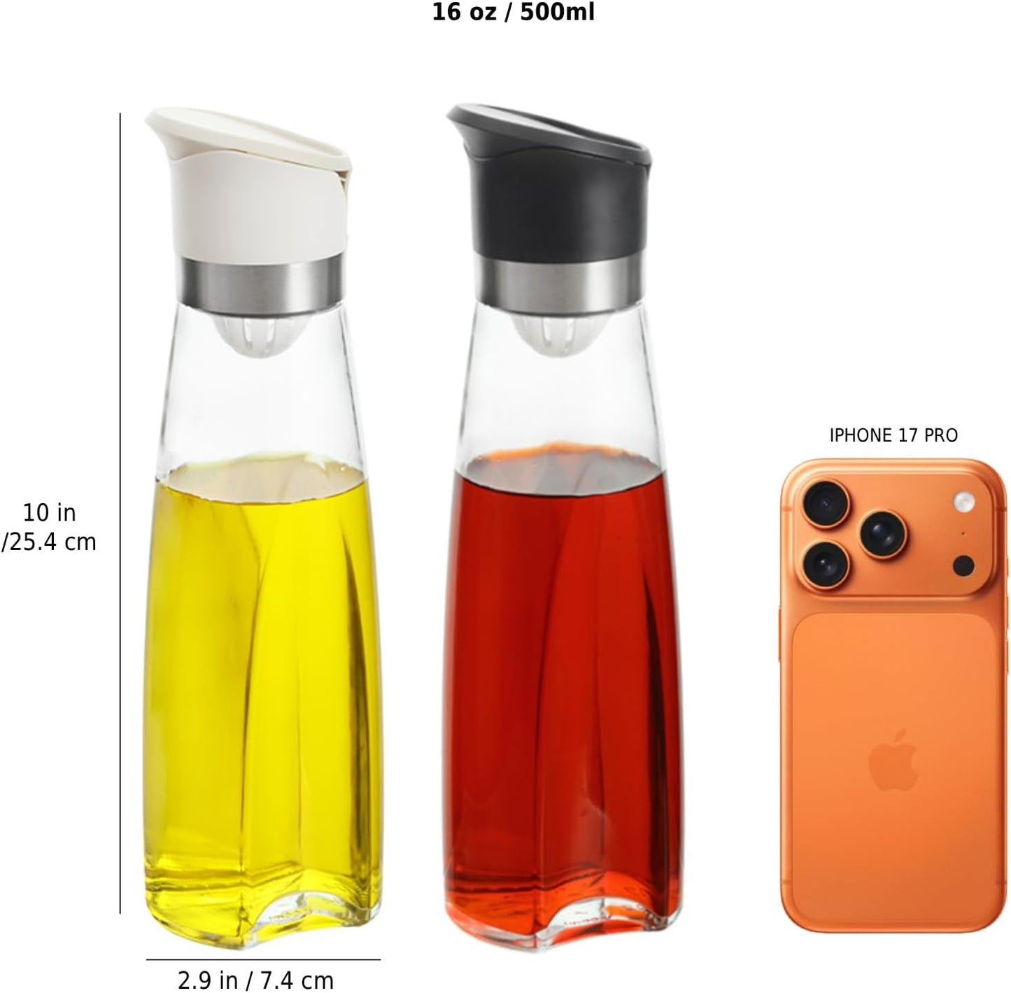 Premium Glass Olive Oil and Vinegar Dispenser Bottles Set, 2-Piece 16oz Kitchen Cooking Cruet with Auto-Open Lid, Non-Drip Pouring Spout, Oil Infuser Filter, Dishwasher Safe