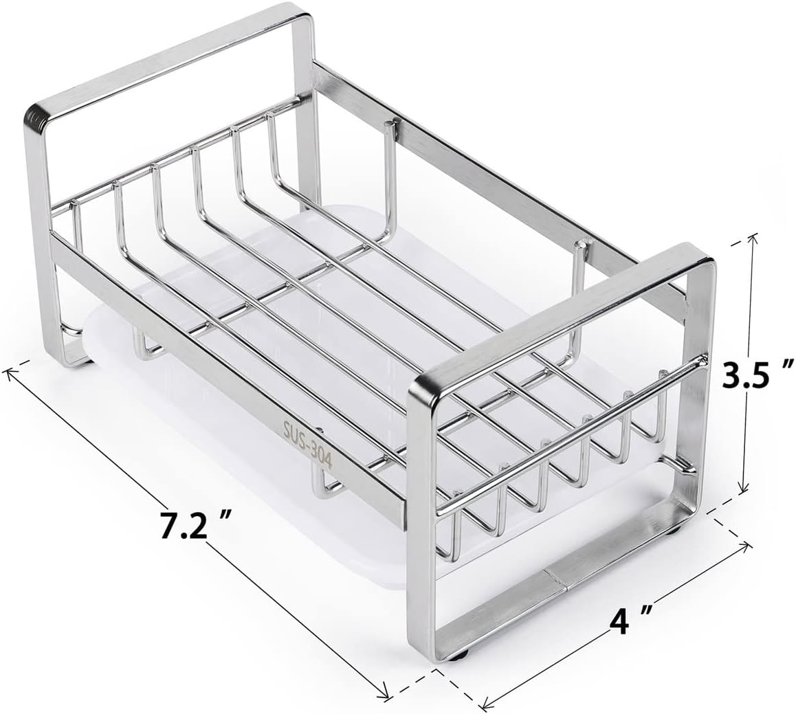 HULISEN Kitchen Sink Sponge Holder, 304 Stainless Steel Kitchen Soap Dispenser Caddy Organizer, Countertop Soap Dish Rack Drainer with Removable Drain Tray, not Including Dispenser and Brush