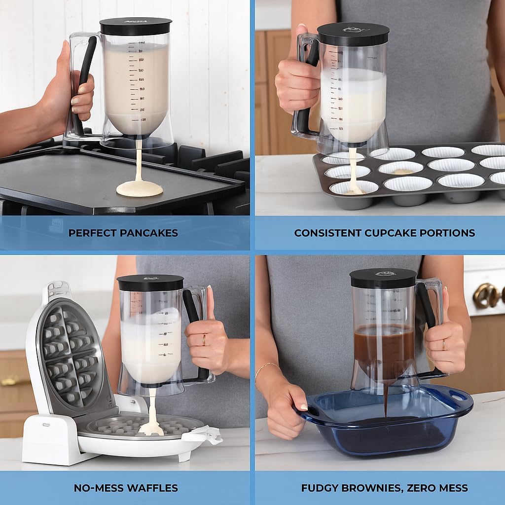 Pancake Batter Dispenser - Kitchen Must Have Tool for Perfect Pancakes, Cupcake, Waffle, Muffin Mix, Cake & Crepe - Easy Pour Baking Supply for Griddle - Pancake Maker with Measuring Label (Turquoise)