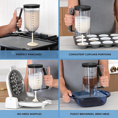Pancake Batter Dispenser - Kitchen Must Have Tool for Perfect Pancakes, Cupcake, Waffle, Muffin Mix, Cake & Crepe - Easy Pour Baking Supply for Griddle - Pancake Maker with Measuring Label (Turquoise)