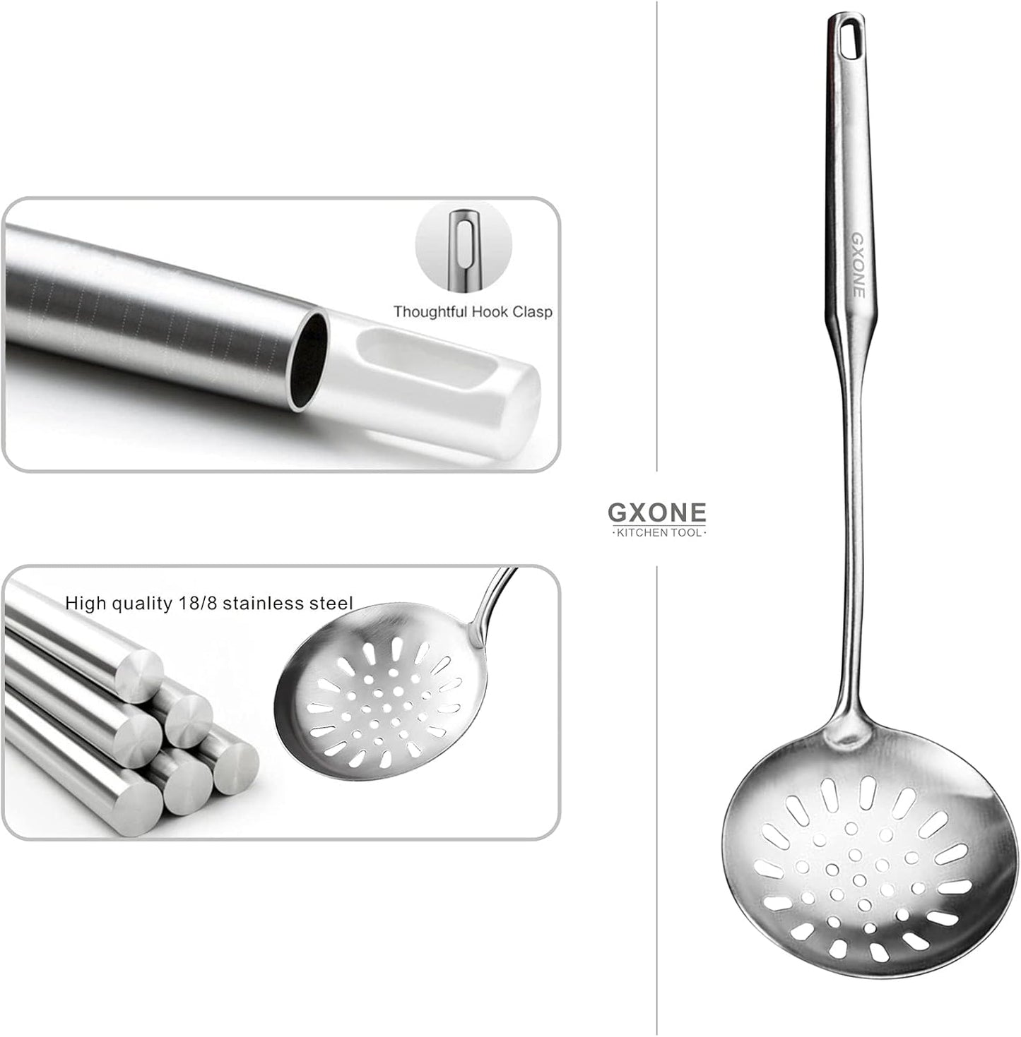Slotted Spoon,304 Stainless Steel Skimmer Spoon with Heat Resistant Wooden Handle,Silver/15.8Inch