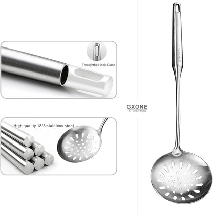 Slotted Spoon,304 Stainless Steel Skimmer Spoon with Heat Resistant Wooden Handle,Silver/15.8Inch