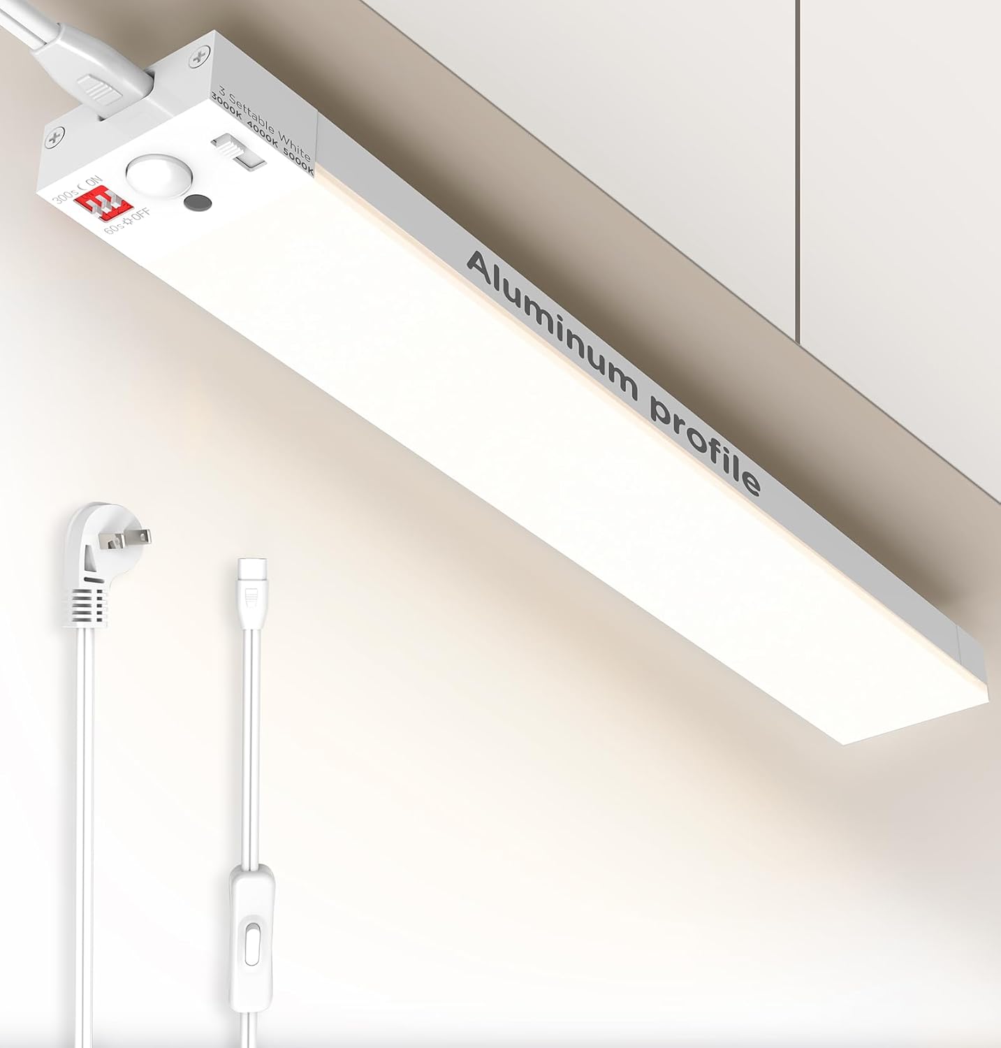 Under Cabinet Lighting Plug in, 10 Inch Motion Sensor LED Light, 3CCT 3000K/4000K/5000K, Dusk-to-Dawn & Timer, Linkable Ultra Bright Under Counter Lights for Kitchen,Hallways, White, 1 Pack