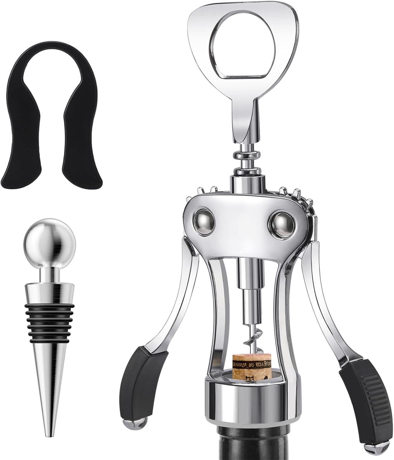 KORCCI Wine Opener, Heavy-Duty Zinc Alloy Wing Corkscrew, Premium Beer Bottle Opener, Multifunctional Wine Accessories with Ergonomic Handle and Sharp Screw, for Kitchen, Bar, Restaurant (SILVER)