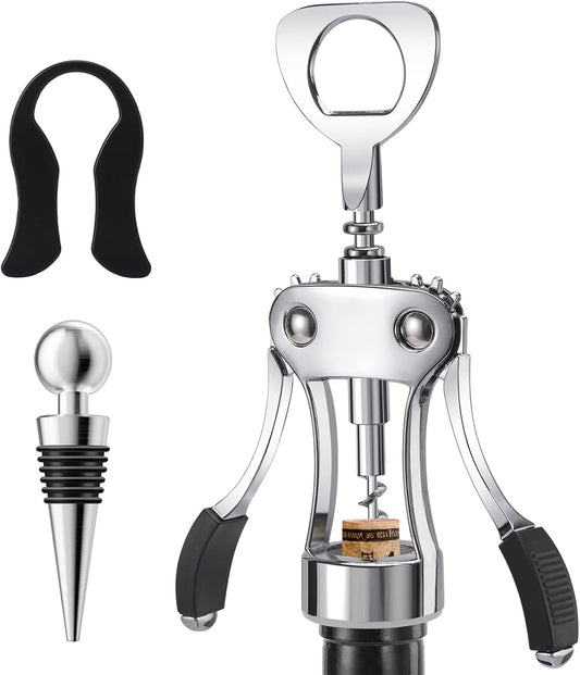 KORCCI Wine Opener, Heavy-Duty Zinc Alloy Wing Corkscrew, Premium Beer Bottle Opener, Multifunctional Wine Accessories with Ergonomic Handle and Sharp Screw, for Kitchen, Bar, Restaurant (SILVER)