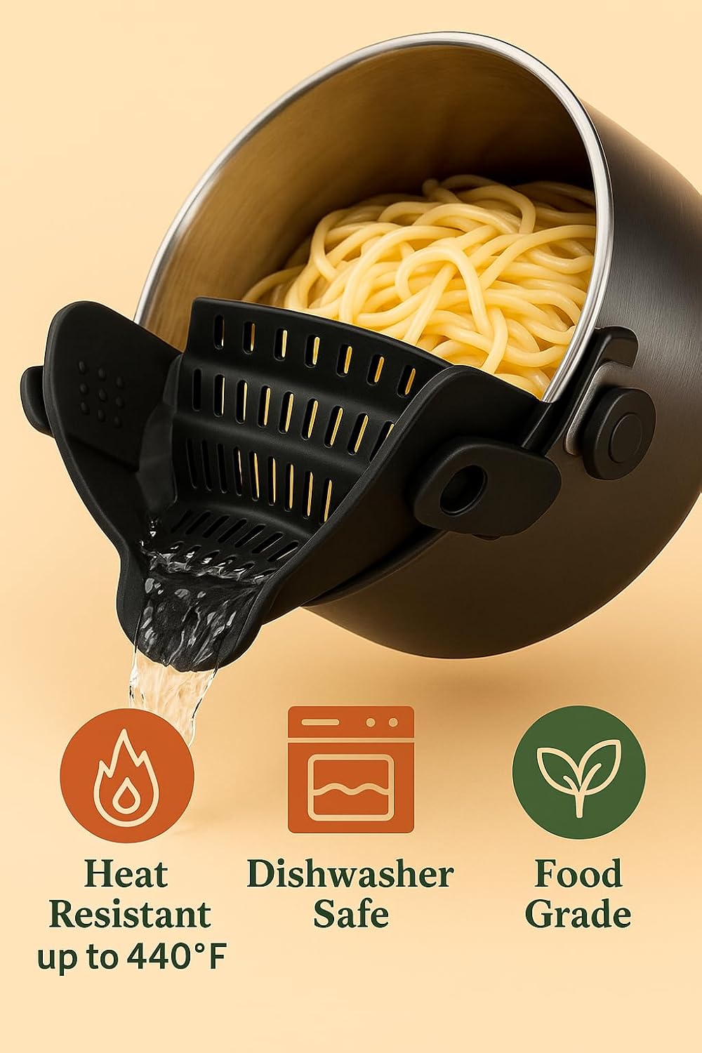 Smart Pots Food Strainer, Clip-On Silicone Colander, Heat-Resistant by TerraHome (Black)
