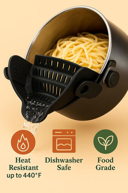 Smart Pots Food Strainer, Clip-On Silicone Colander, Heat-Resistant by TerraHome (Black)