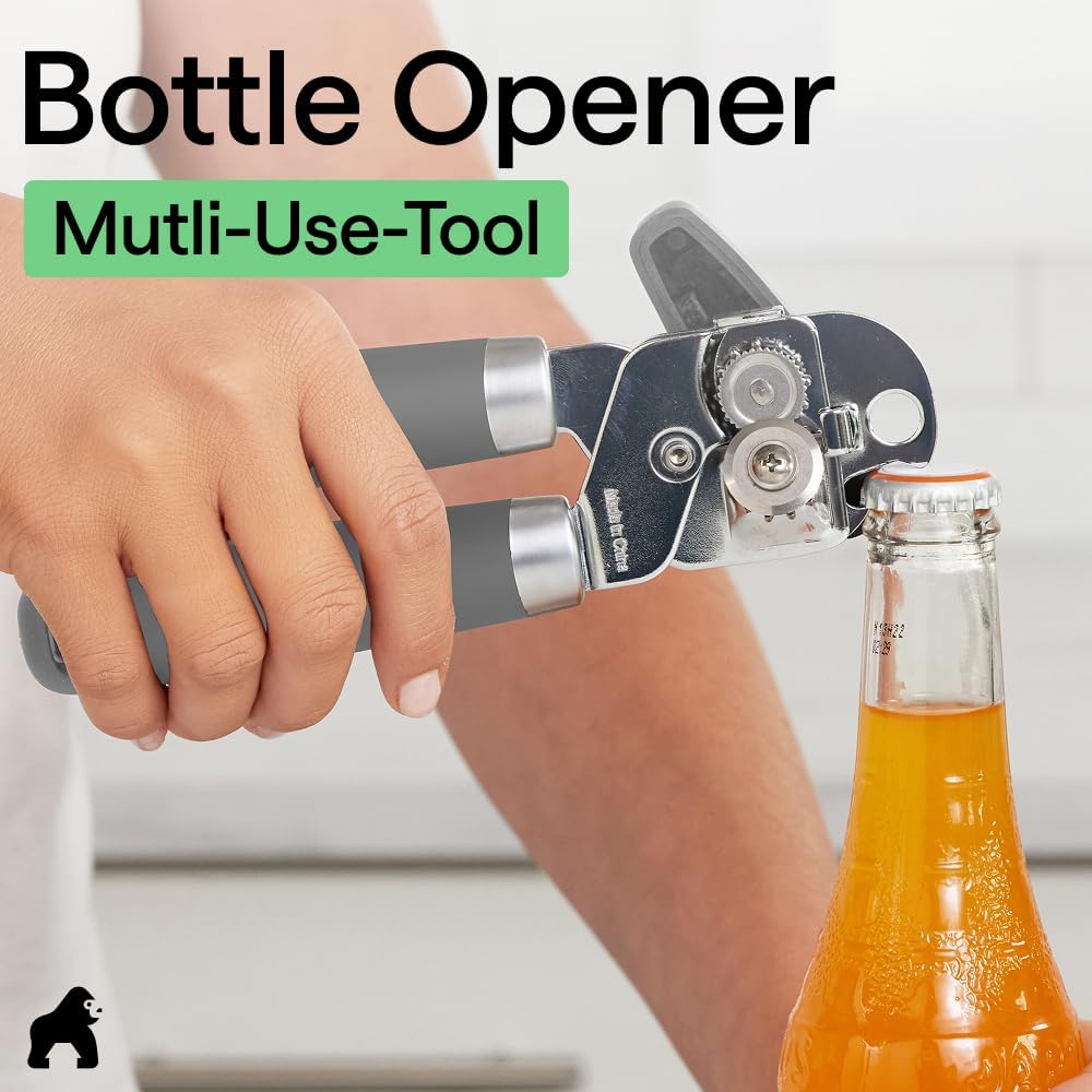 GORILLA GRIP Heavy Duty Stainless Steel Smooth Edge Manual Can Opener and Bottle Openers, US Designed, Soft Comfortable Handle, Oversized Handheld Turn Knob, Multifunctional Kitchen Tool, Black