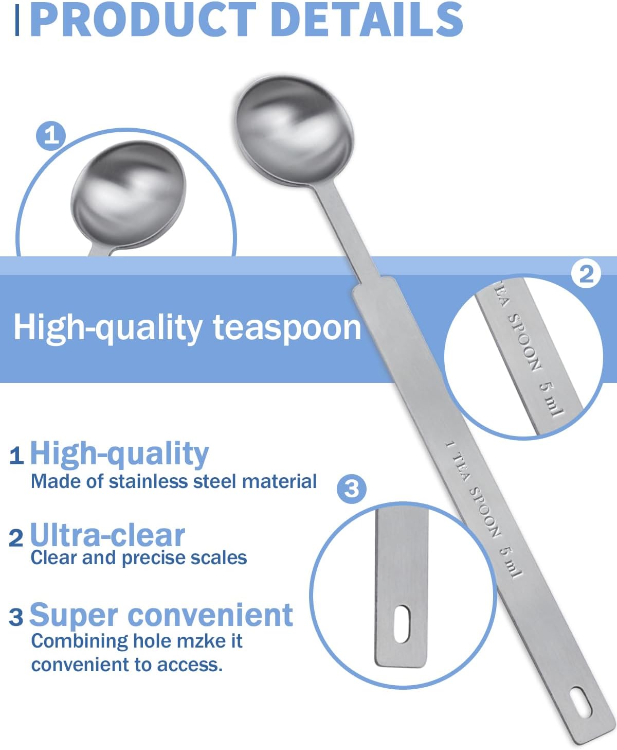 Teaspoon Measuring Spoons, 7.5mL (7.5 cc | 1/4 oz) Stainless Steel Teaspoon Scoop, Long Handle Metal Measuring Spoons for Cooking,Baking (0.25 OZ)