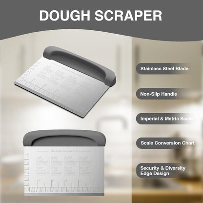 Bench Scraper Dough Cutter Tool - Bowl Pastry Scraper for Bread Cake Pizza, Bench Knife Kitchen Dough Scraper for Baking, Stainless Steel Food Scraper with Grip Handles & Measuring Scal, Blue