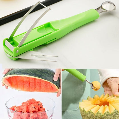 Watermelon Cutter Slicer, 3-in-1 Watermelon Slicer Cutter Tool Melon Baller Scoop Fruit Fork, Fruit Slicer Ice Scoop Watermelon Knife Fruit Cutter Scooper Fruit Cutting Kitchen Gadget (A# Green)