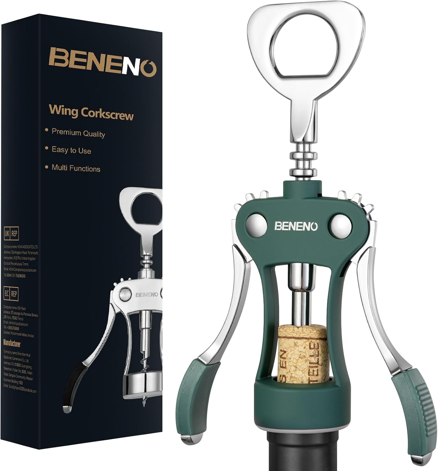 Beneno Wine Opener, Zinc Alloy Premium Wing Corkscrew with Multifunctional Bottles Opener, Sharp Wine Corkscrew with Ergonomic Non-Slip Wing Handle, Silver
