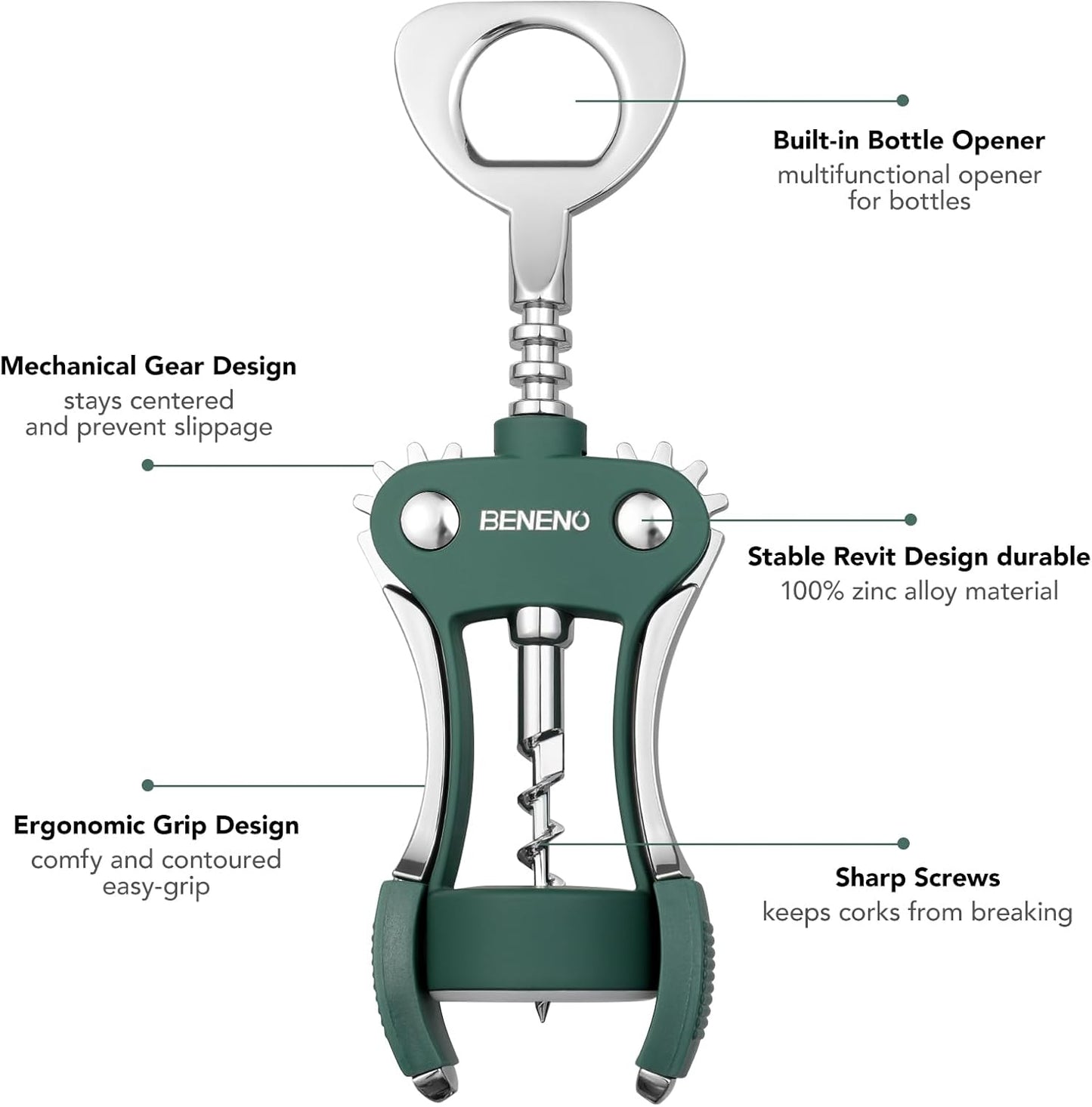 Beneno Wine Opener, Zinc Alloy Premium Wing Corkscrew with Multifunctional Bottles Opener, Sharp Wine Corkscrew with Ergonomic Non-Slip Wing Handle, Silver