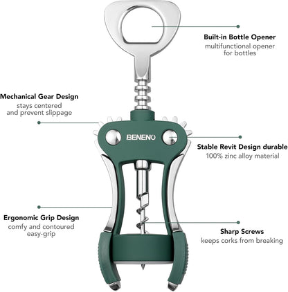 Beneno Wine Opener, Zinc Alloy Premium Wing Corkscrew with Multifunctional Bottles Opener, Sharp Wine Corkscrew with Ergonomic Non-Slip Wing Handle, Silver