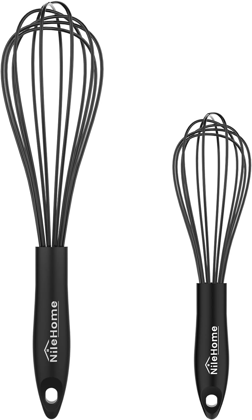 NileHome Silicone Whisk Set 8" 10" 12" Kitchen Whisk Kitchen Wisk Wire Whisks for Cooking, Whisking, Blending, Beating, Stirring-Black 3 Pack