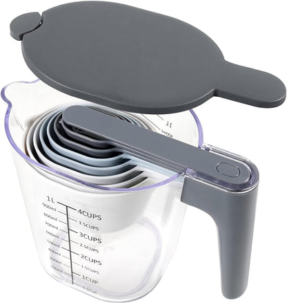 19 Pieces Measuring Cups and Spoons set, Includes 10 Stackable Measuring Cup with Lid and 9 Magnetic Measuring Spoons, Tablespoon for Liquid and Dry, BPA Free, Dishwasher Safe (Black)