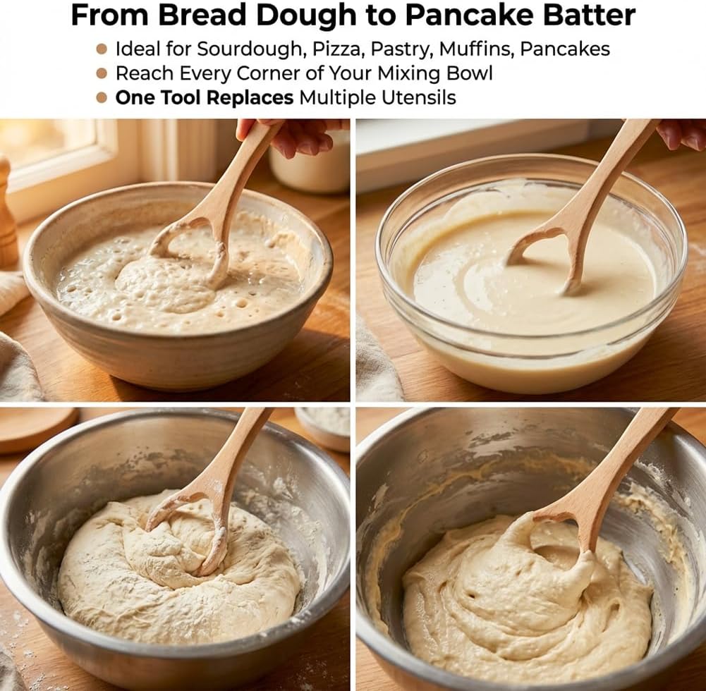 13-Inch Wooden Danish Dough Whisk, Bread Whisking Tool for Mixing Sourdough, Traditional Dutch Whisk for Pizza, Pastry, Cake Batter