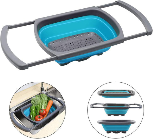 Qimh Colander Collapsible, Over The Sink Veggies/Fruit 6-Quart Strainers and Colanders with Extendable Handles, Folding Strainer for Kitchen