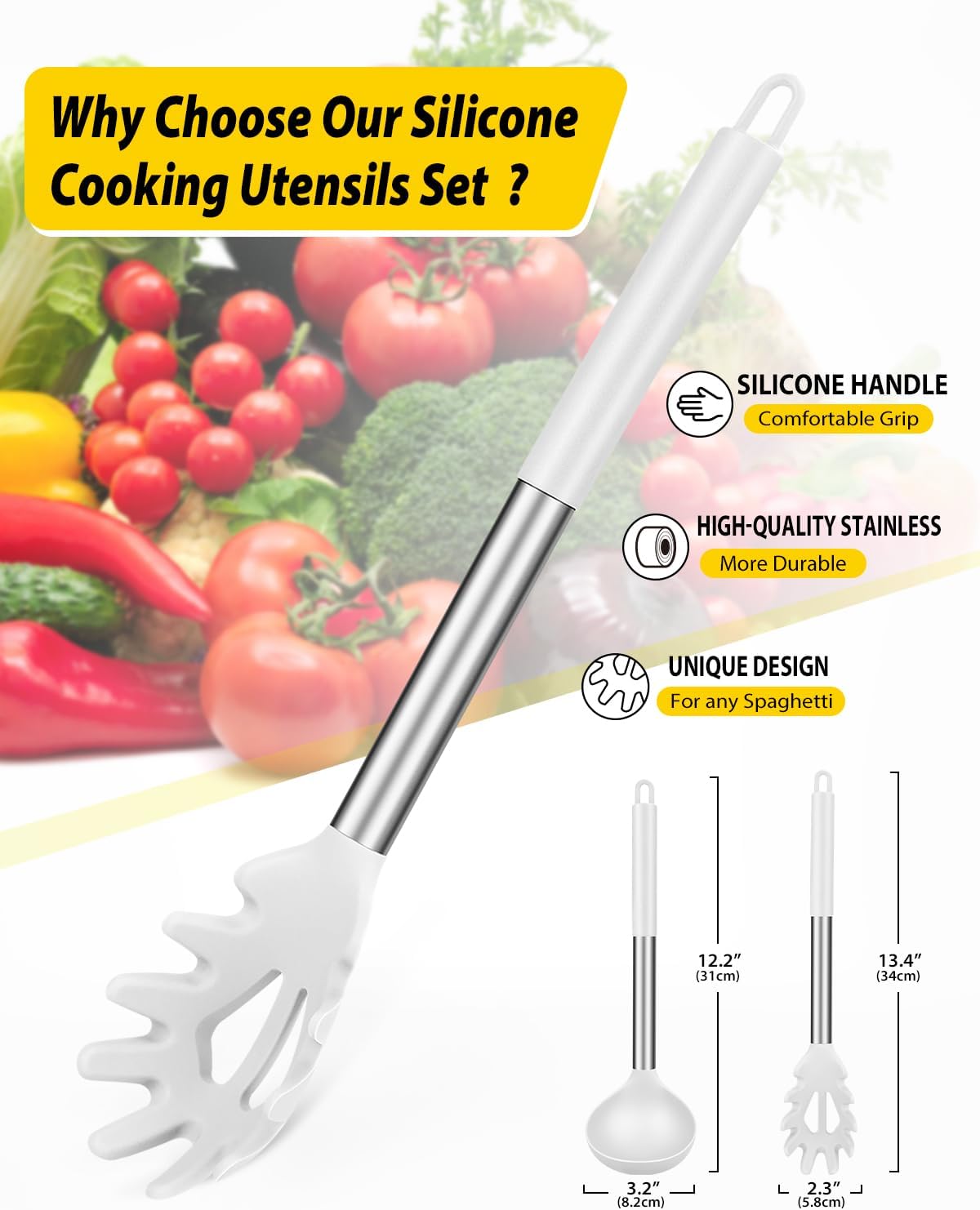 Silicone Pasta Fork and Ladle Spoon Set, Large Non Stick Kitchen Utensils for Cooking,Stirring,Serving Spaghetti, Soup, Sauce (GRAY)