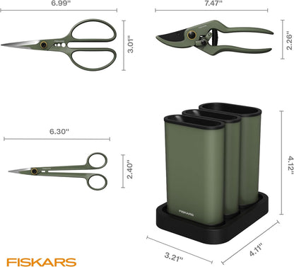 Fiskars Indoor Plant Care 3-Piece Set, Precision Gardening Tools with Nesting Storage Caddy, Detail Snips, Stem Shears & Bypass Pruner for Trimming & Shaping Houseplants, Stainless Steel Blades, Green
