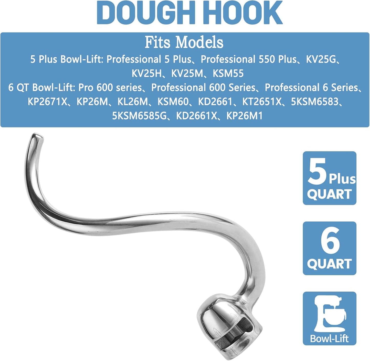 Stainless Steel 3 Piece kit Attachments，Dough Hook 6 Wire Whisk Flat Beater Compatible with KitchenAid 5 Plus -6QT Mixer，Bowl Lift Stand Mixer Accessory，Rust Resistant，Dishwasher Safe