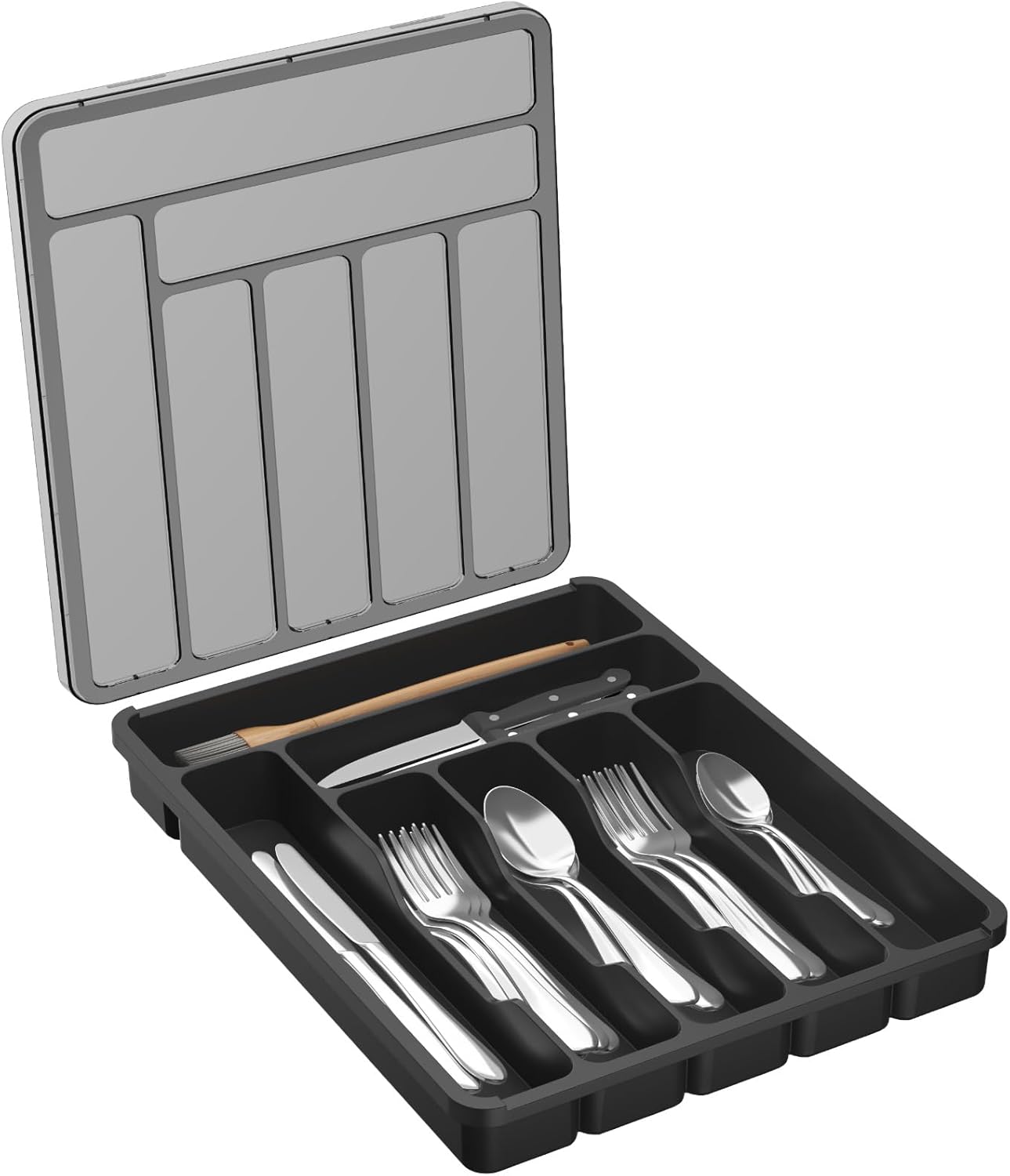 Lifewit Silverware Organizer with Lid, Covered Utensil Tray for Kitchen Drawer and Countertop, Plastic Cutlery and Flatware Storage Box for Spoons Forks Knives Holder Case, 12.6x11.8", Gray