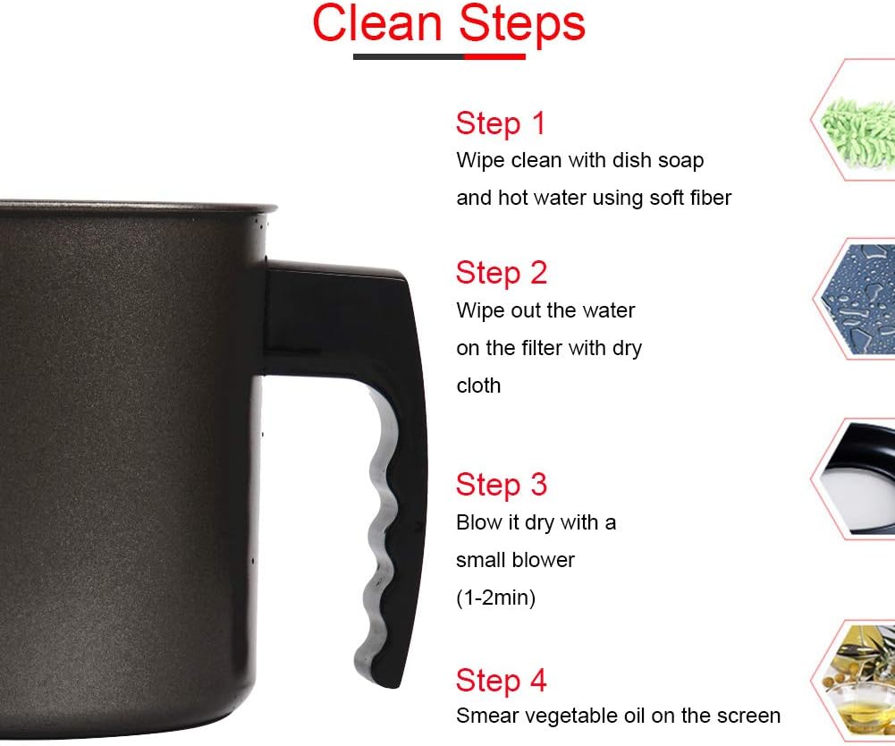 Cambom Bacon Grease Container with Fine Mesh Strainer, 1.3 L almost 6 Full Cups Iron Cooking Oil Can with Removable a Coaster Tray for Kitchen Fat Storage Black