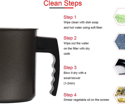 Cambom Bacon Grease Container with Fine Mesh Strainer, 1.3 L almost 6 Full Cups Iron Cooking Oil Can with Removable a Coaster Tray for Kitchen Fat Storage Black