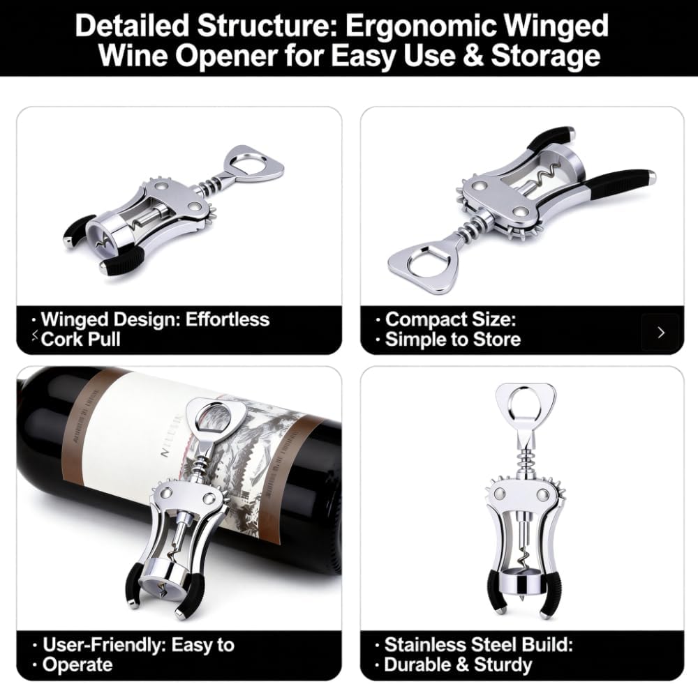 Heavy-Duty Zinc Alloy Wing Corkscrew, Professional Wine Bottle Opener with Ergonomic Handle & Sharp Spiral Drill, Multi-Functional Bar Tool for Kitchen, Restaurant, Bartender